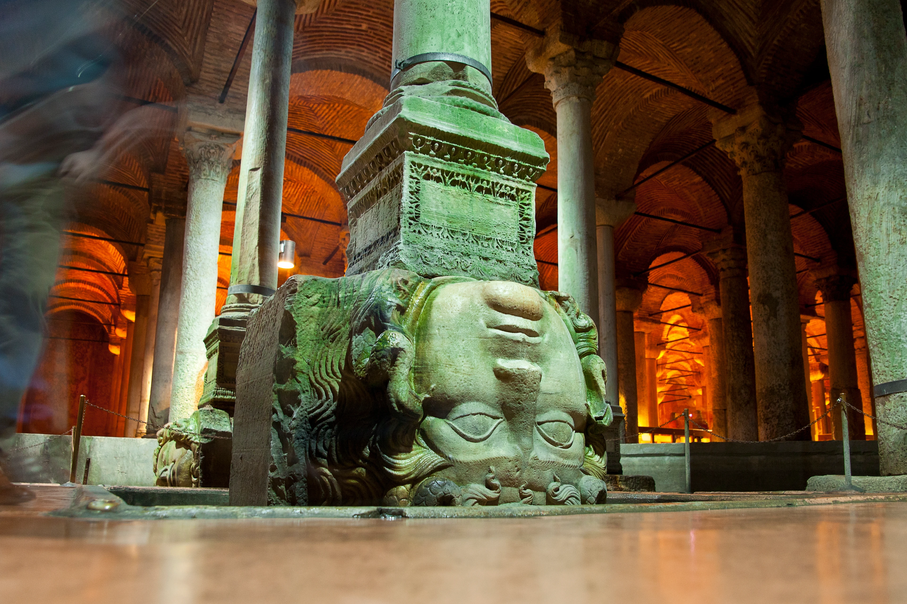 A sculpture of the head of Medusa in the Yerebatan Sarayi Cistern catacombs