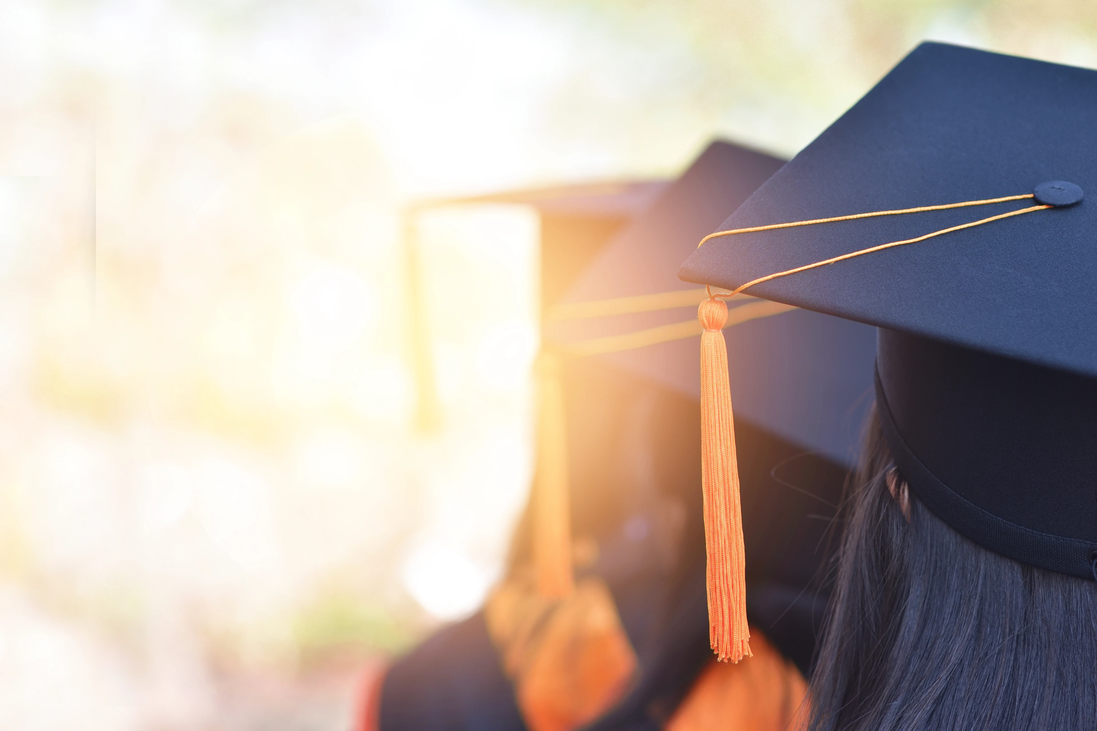 A diverse group of graduates in caps and gowns at a graduation ceremony.